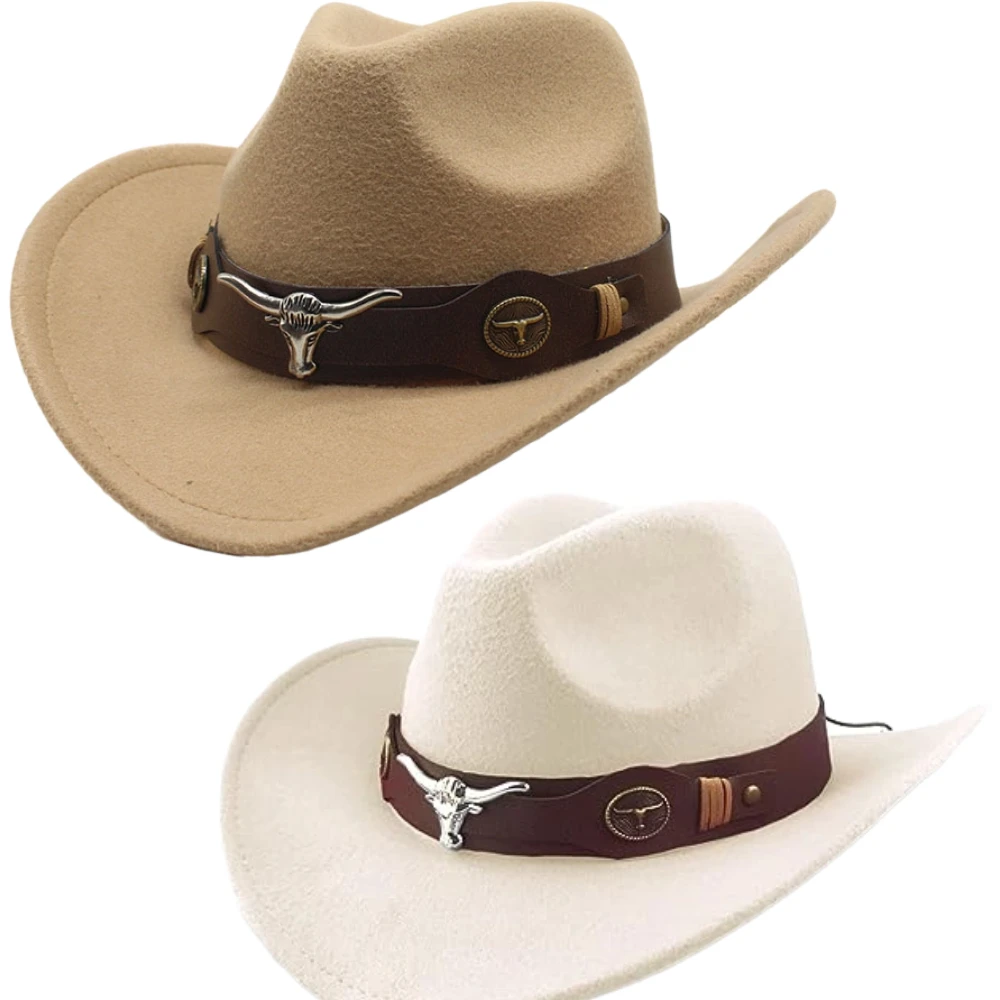 Western Jazz Cowboy Hat Roll Up Wide Brim Classic Outdoor Felt With Bull Belt Buckle