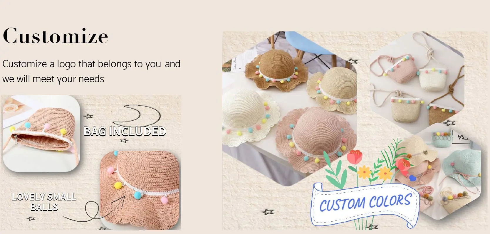 Oem Summer Cap Straw Hat with Wide Brim Sun Protection for Kids Toddler Girls Purse Beach Bag Cute Flower and Handbag Set