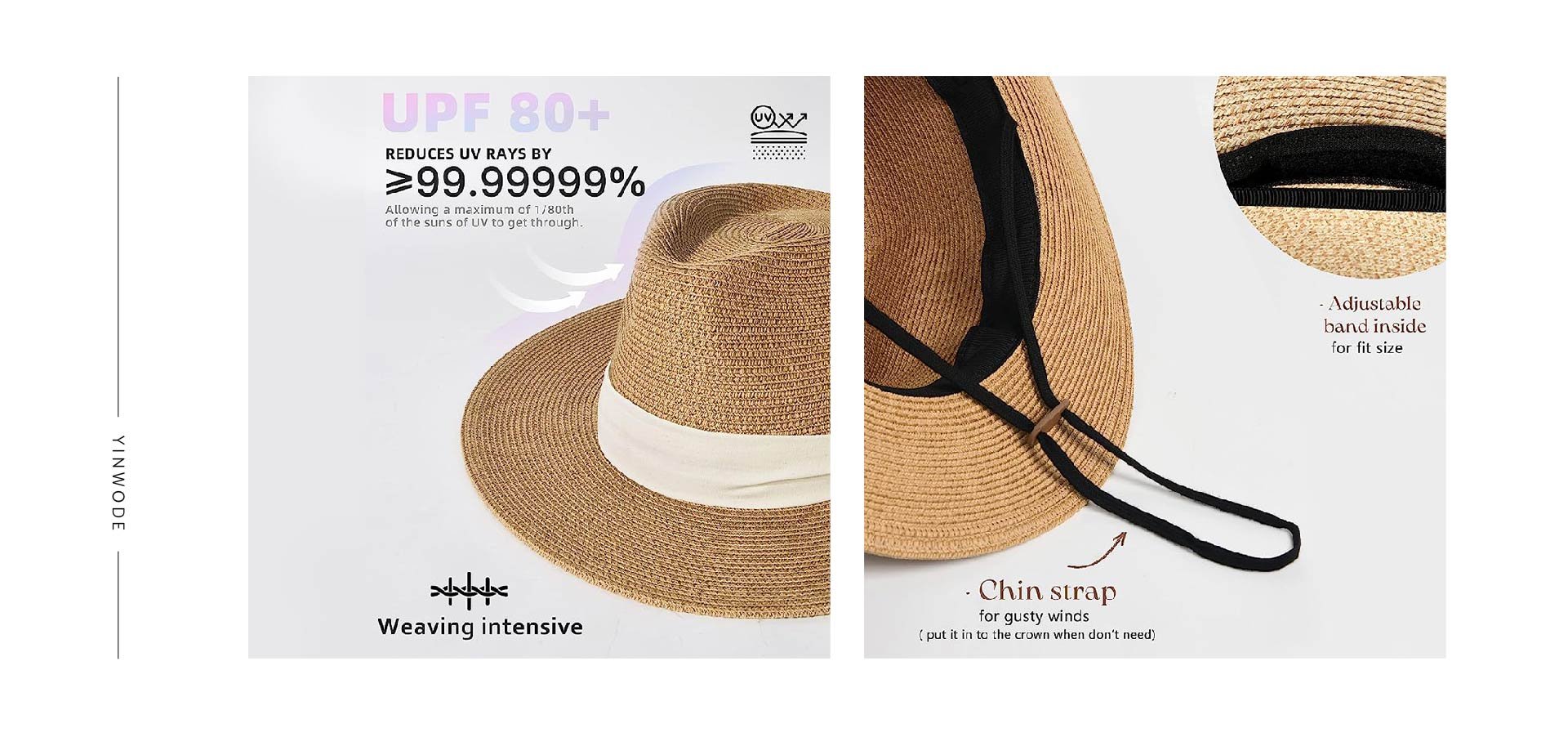 Women's Beach Sun Hat Upf50+ Adjustable Wide Brim Straw Panama Fedora Roll Up