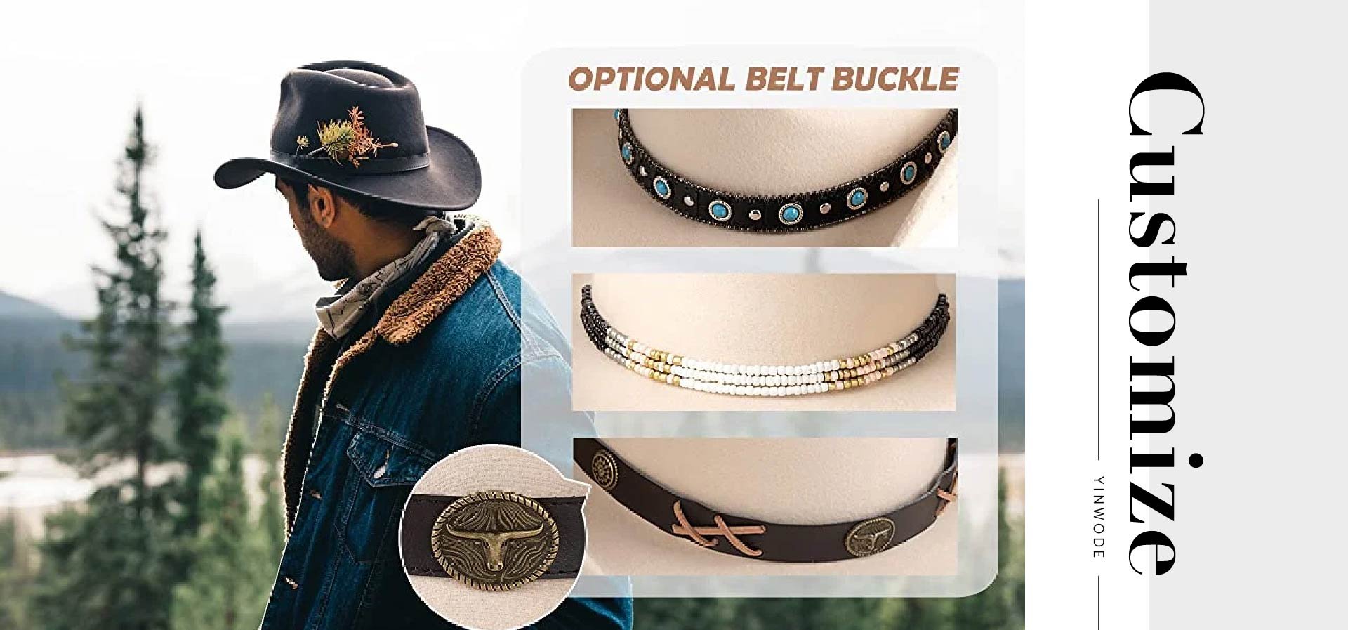 Western Jazz Cowboy Hat Roll Up Wide Brim Classic Outdoor Felt With Bull Belt Buckle