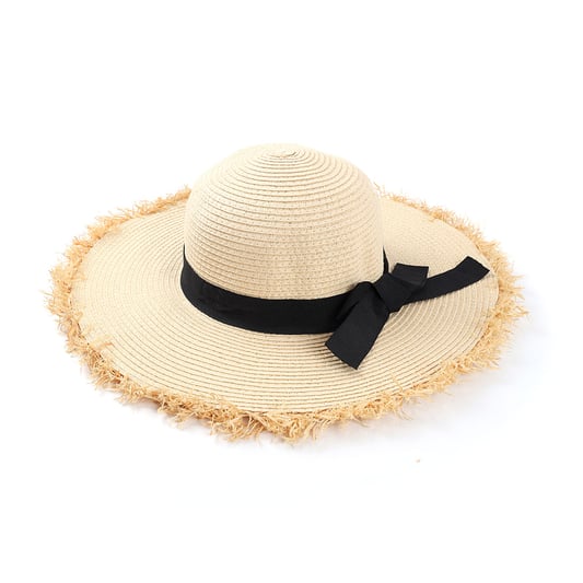 Lafite Grass Raw Edge Women Beach Sun Paper Braid Wide Brim Floppy Straw Hat Manufacturer With Bow