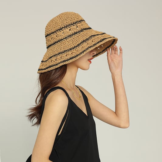 Oem Odm Straw Bucket Hat Foldable Packable Striped Crochet Breathable Handmade Beach Hat For Women